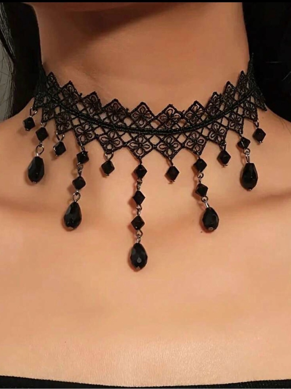 Black Lace Choker Necklace with Dangling Beads - Picture 2 of 5